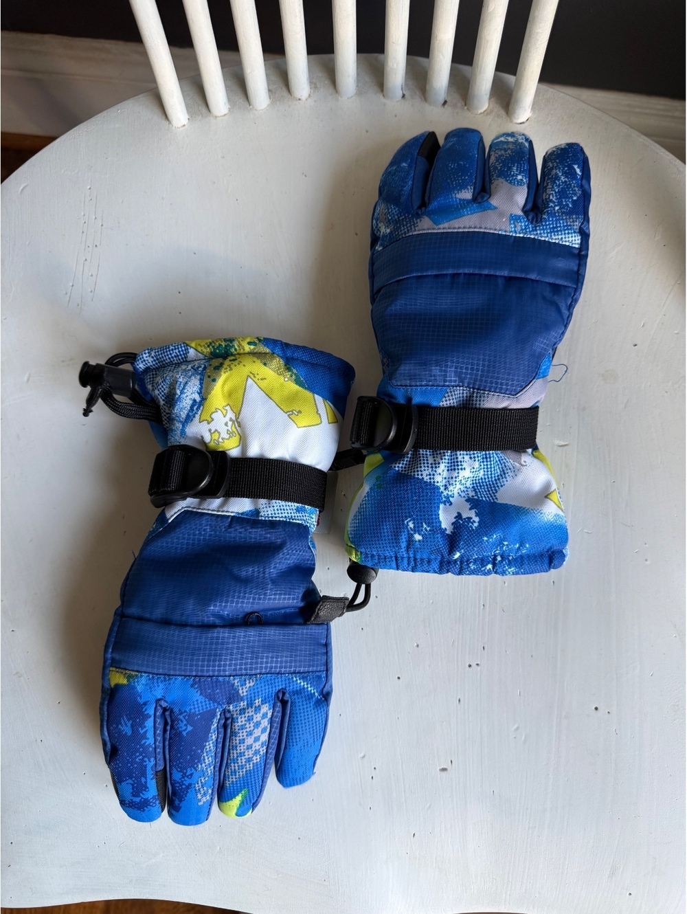 New Blue and Yellow Winter Ski Gloves with Adjustable Straps and Fleece Lining
